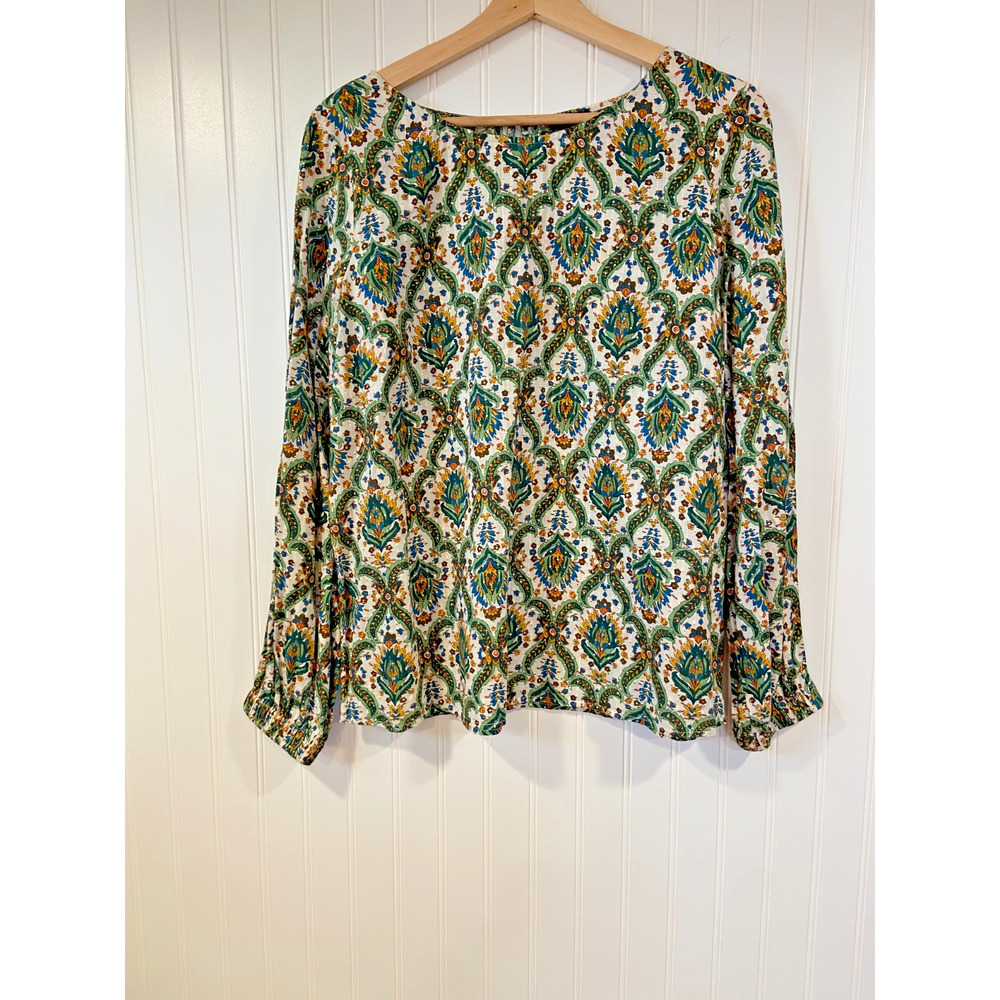 Talbots Blouse Women's L Green Medallion Gold Metallic Long Sleeve Top Preppy